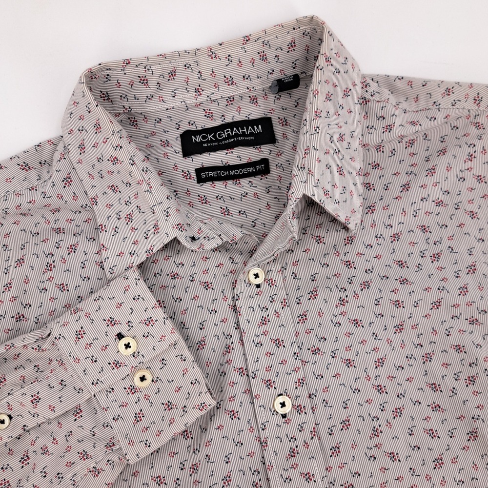Nick Graham Stretch Modern Fit Shirt Mens L Cotton Blend White Floral Stripe LS